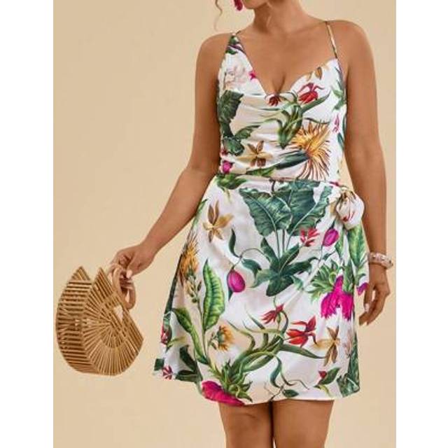 Travachic Plus Size Women Holiday Casual Tropical Print Asymmetric Swing Neck Faux Satin Sexy Tie Waist Short Summer Dress