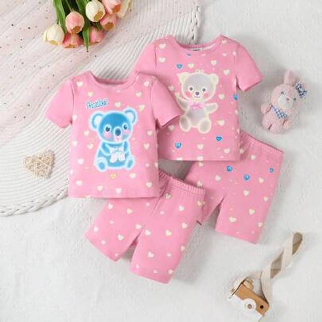 SHEIN 4pcs Pink Round Neck Cartoon Bear & Koala Print Short Sleeve Top And Shorts Comfortable Infant & Baby GirlSummer Pajamas Set