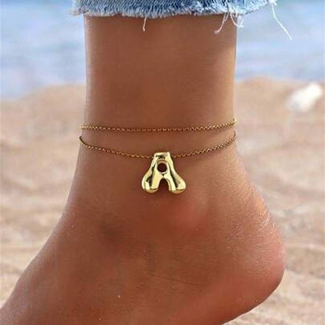 SHEIN 1pc Elegant & Fashionable Gold Balloon 26 Letters Pendant Double Layered Anklet, Suitable As Birthday, Anniversary Gift For Family & Friend
