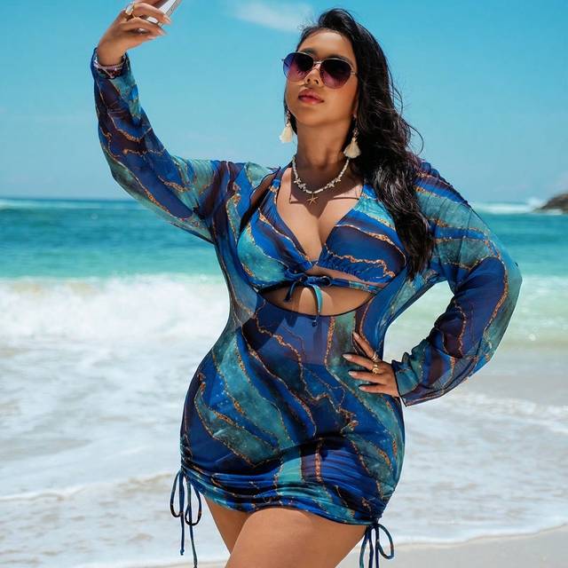 Swim Vcay 3pcs Set: Plus Size Allover Print Halter Neck Tie Back Top,Swim Bottom And Long Sleeve Beach Cover Up Swimwear Summer