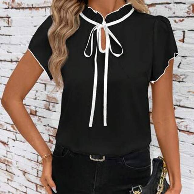 SHEIN Fitted Women&#39;s Contrast Color Short Sleeve Shirt Summer Outfits For Women Teacher Outfits For Women White Shirts Country Outfits Women Summer Clothes