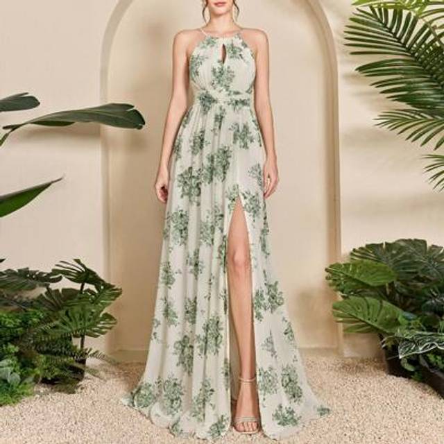 SHEIN Mgiacy,New ArrivalHalter Neck,Printed,Elegant,Bridesmaid Dress,3D Floral,Lace Up, Hollow Out,Ruffle,Chiffon,Long Dress,FOR,Wedding Guest