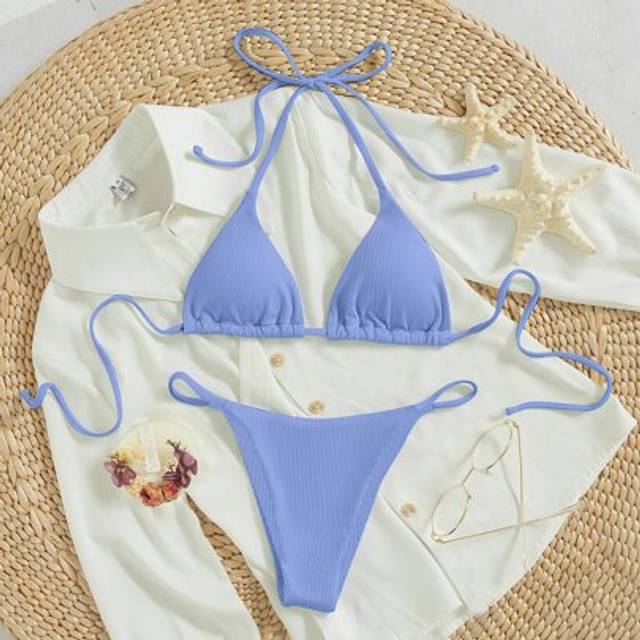 SHEIN Summer Beach Ribbed Bikini Set Tie Back Halter Triangle Bra & Thong 2 Piece Bathing Suit
