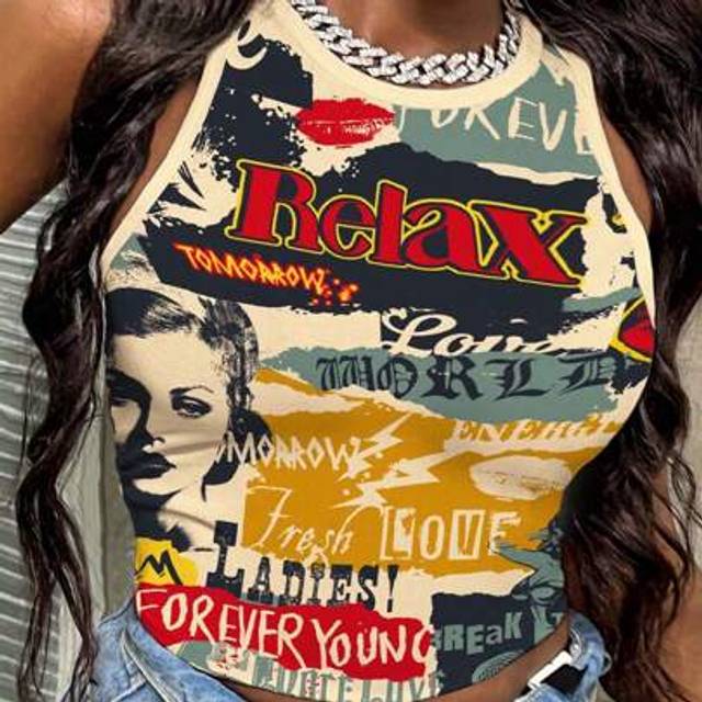 Slaydiva 2025 Spring & Summer Casual Minimalist Vintage Poster Graphic Print Tight-Fitting Crew Neck Tank Top For Women, Suitable For Summer