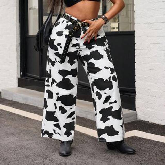 SHEIN Plus Size Women&#39;s Personality Cow Print Non-Stretch Straight Leg Jeans Western Cowboy Outfit Summer