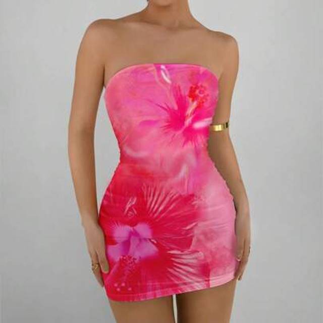 Aloruh Pink Floral Print Tube Top Fitted Casual Summer Dress Vacation Dress