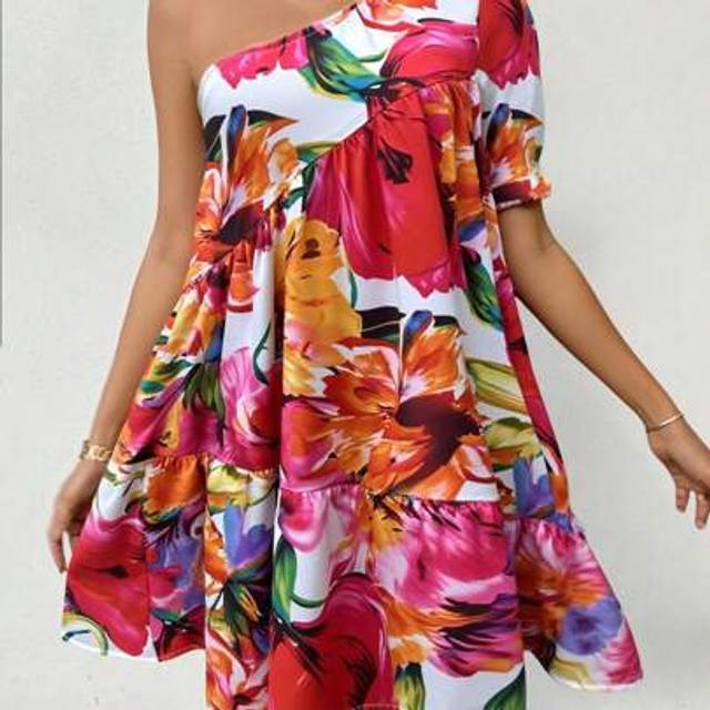 Calvaya Asymmetrical Collar Floral Print Elegant Short Sleeve Dress