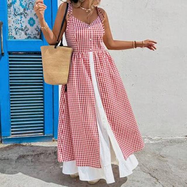 SHEIN Plus Size Vacation Casual Plaid Patchwork 2 In 1 Dress Tea Party Dress Coquette Brunch Outfits For Women Vacation Outfits Woman Business Casual Woman