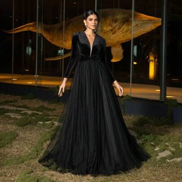 SHEIN Velvet & Tulle A-Line Evening Gown With V-Neck & Long Sleeves | Elegant Formal Attire For Gala Dinners, Red Carpet Events, Wedding Receptions, Opera N