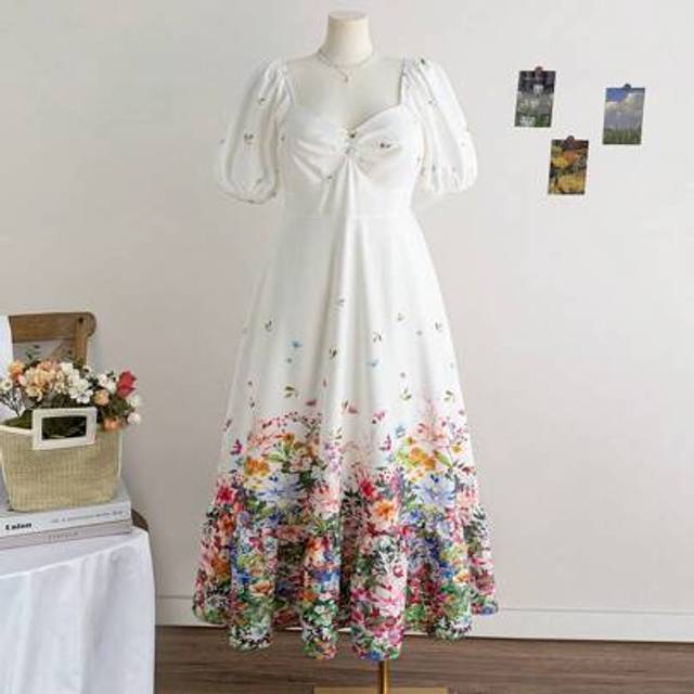 Soleia Plus Size Women&#39;s Butterfly & Floral Print Puff Sleeve Ruffle Hem Romantic Dress, Suitable For Holiday, Vacation, Wedding, Casual Lunch, Bachelorette