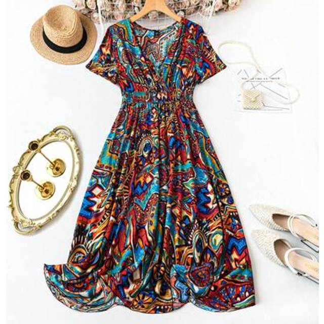 SHEIN Plus Size V-Neck Drawstring Waist Holiday Dress, SpringSummer Maxi Women Outfit