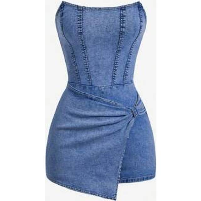 SHEIN Women&#39;s Summer Casual Washed Wrap-Around Asymmetrical Hem Tube Top Denim Jumpsuit