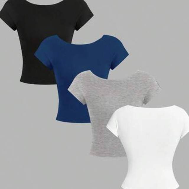 SHEIN 4pcs Casual Plain Round Neck Tight-Fitting Hollow-Out Back Women T-Shirts, Versatile For Summer Suitable For Going Out