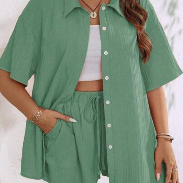 SHEIN 2pcs Plus Size Holiday Casual Solid Color Shirt And Shorts Set Women Summer Clothing Women Summer Sets Woman S Summer Clothes Women S Clothes Shirt Se