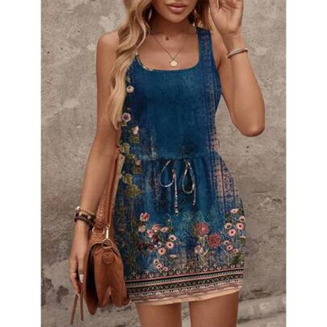 SHEIN Women Casual Navy Blue Floral Print Short Dress, Suitable For Spring/Summer,Summer Dresses For Women