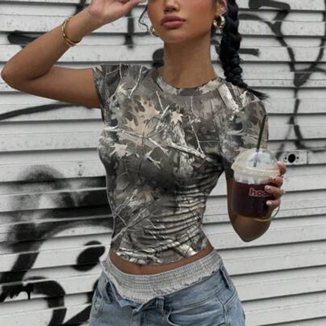 SHEIN Vintage Retro Street Autumn Withered Branches Camouflage Tight-Fitting Cropped T-Shirt, Summer Back To School