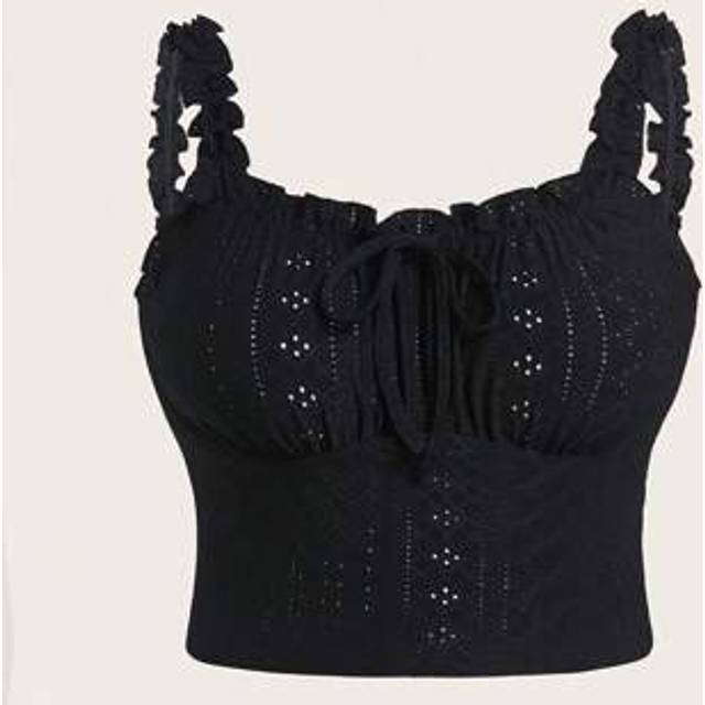 SHEIN Plus Size Vacation Style Valentine&#39;s Day Romantic Black Sheer Ruffle Trim Camisole, Fashionable & Versatile, Spring/Summer