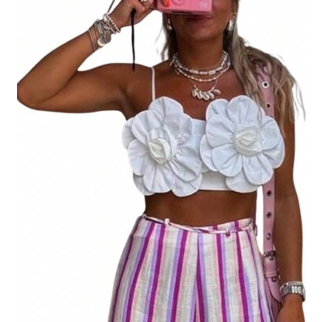 SHEIN Women&#39;s Summer Fitted Camisoles Sleeveless Open Back Low Cut 3D Flower Crop Tops