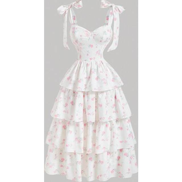 SHEIN Women&#39;s Romantic Pink Flower Print Vintage Multilayer Dress, Bowknot Shoulder Straps Long Dress,Bachelorette Dress,Semi Formal Dress,Long Formal Dress