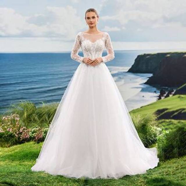 SHEIN Gorgeous White Florence Lace Long Sleeve Dress Backless Mesh A-Line Wedding Dress For Bride