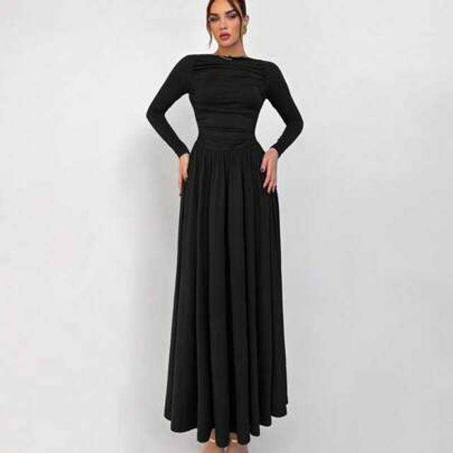 Aloruh Women&#39;s Elegant Fashion Business Commuting Outing Dress Arabian Style Solid Color Long Sleeve Simple Casual Long Knitted Dress Black Dress Bodycon Dre