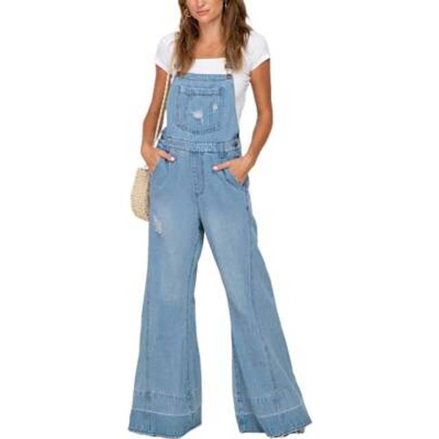 SHEIN Women Denim Bib Overalls Washed Ripped Baggy Flared Jean Jumpsuit Romper Pants With Pockets For Streetwear
