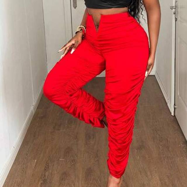 Maweii Plus Size Shiny Knit Fabric Pleated Sexy Pants