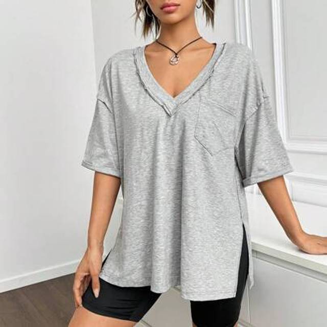 SHEIN Plus Size Plus Size T Shirt,V-Neck Short Sleeve Pocket T-Shirt, Casual Daily Wear,College Students Outfit,Spring Summer Clothes