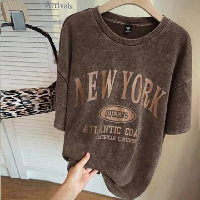 Comfortcana Plus Size Women&#39;s Graphic Tees,Plus Size T Shirt,Streetwear,90s Clothes,NEW YORK Print Casual Minimalist Pattern Crew Neck Short Sleeve Loose T-Shirt,