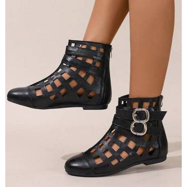 SHEIN Women&#39;s Black Striped Buckle Hollow Asymmetrical Back Zipper Flat Round Toe Comfortable Versatile Elegant Office Fashion Ankle Boots, Spring/Summer
