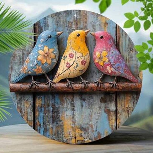 SHEIN Charming Vintage Style 8&#34;X8&#34; Colorful Bird Wreath Metal Wall Plaque - Round Metal Decor With Rustic Finish, Blue, Yellow And Pink Birds On Branches, S