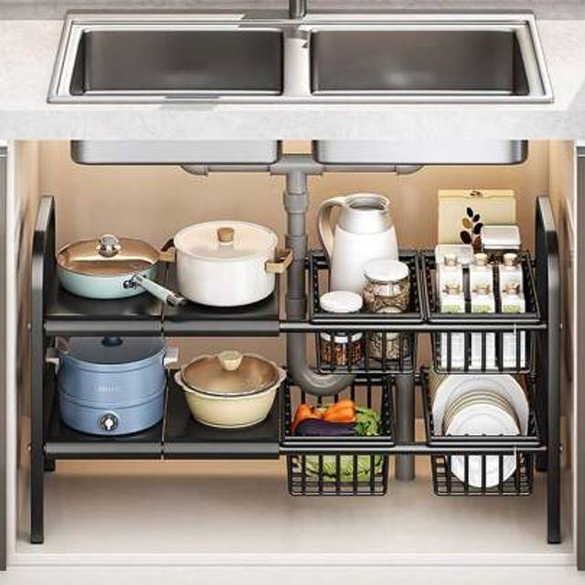 SHEIN SpaceSaving Adjustable Under Sink Organizer 1/2-Tier With Non-Slip Pads - Expandable Kitchen/Bathroom Storage Rack, Rustproof Steel Shelf For Cabinets