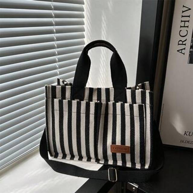 SHEIN Versatile Vertical Stripes Hobo Shoulder Bag For Women Purse And Handbag, Large Capacity Multi-Pocket Canvas Shoulder Commuter Bag Handbags, Lightweig