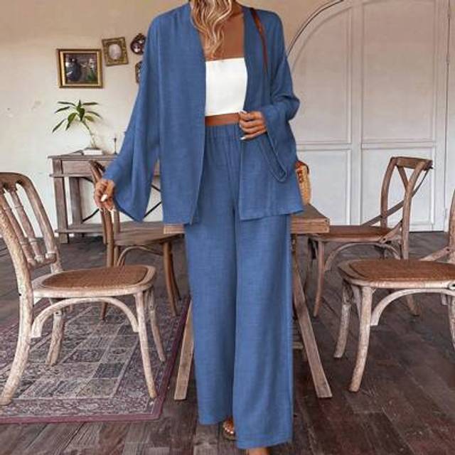 SHEIN 2pcs Women Linen Jacket And Wide Leg Pants Set, For Spring/Summer