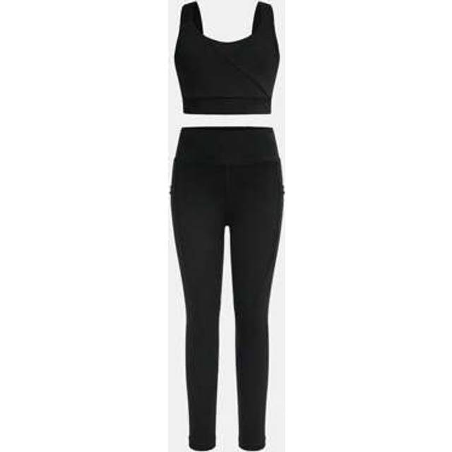 SHEIN Young Girls 4-Way Stretch High Elasticity Matching Sets, Black Sports Style Two Pieces Outfit With Cross Back Straps, Suitable For Cycling, Running, I