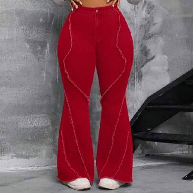 SHEIN Plus Size Women High Waisted Elastic Split Frayed Hem Flare Denim Jeans, Slimming Summer Outfits For Women Festival Outfits