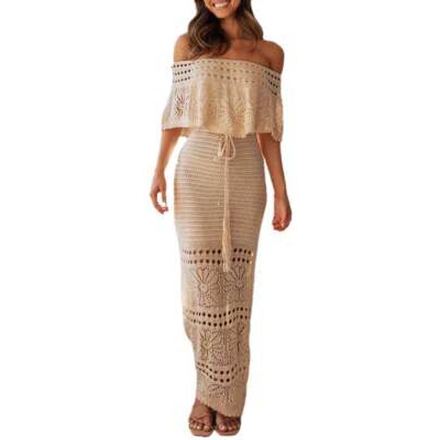 SHEIN Women&#39;s Summer Long Tube Top Dress Short Sleeve Off Shoulder Knit Pattern Hollow Tie Up Dress