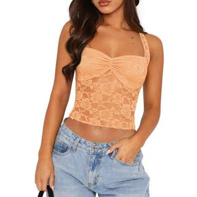 SHEIN Women&#39;s Lace Halter Tank Tops Backless Sleeveless See Through Tie Up Slim Fit Crop Vest Party Cocktail