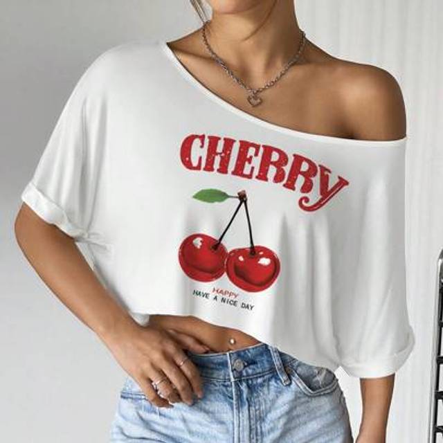 SHEIN Women Casual Cute Cherry Letter Print Off Shoulder Cropped Loose Fit Short Sleeve T-Shirt, Suitable For Summer Off The Shoulder Top