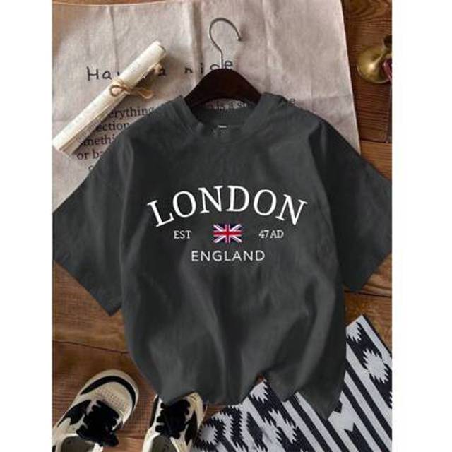 SHEIN Casual Minimalist London English Pattern Round Neck Short Sleeve Loose Women T-Shirt, Suitable For Summer Back To School Teacher