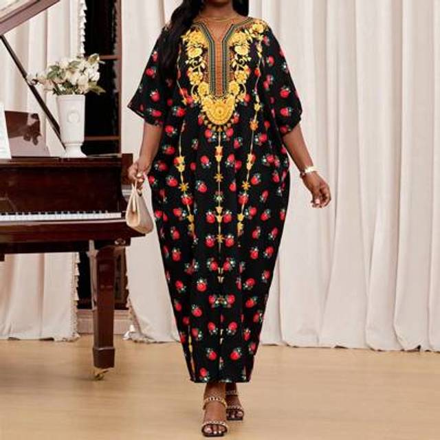 SHEIN Spring And Summer Elegant Commuting Office Colorful Woven Notched Ball Gown Short Sleeve Kaftan Dress Plus Size Dresses