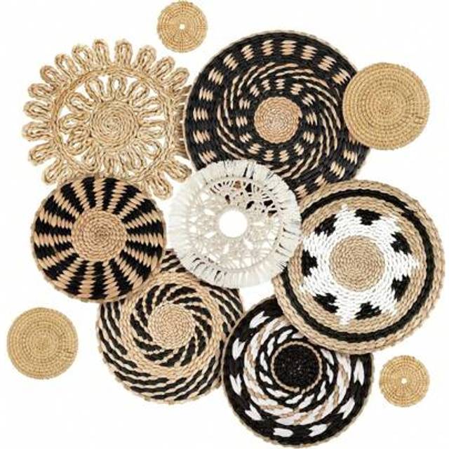 SHEIN 1/9 PC Boho Wall Basket Decor Decorative Bulrush Woven Basket Wall Decor Boho Wall Art Round Farmhouse Wall Hanging Baskets For Rustic Home Kitchen De