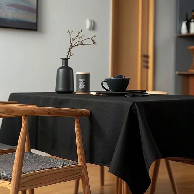 SHEIN 1pc Solid Black Conference Banquet Hotel Dining Table Exhibition Advertising Tablecloth Officetable Cloth Art Rectangular TableclothWedding Party Roun