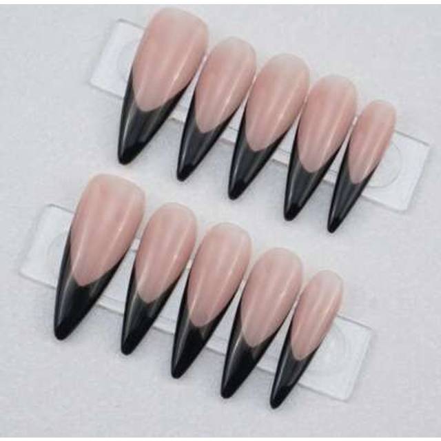 SHEIN 10pcs Almond Shape Long Press-On Nails, Matte Finish French Manicure, Reusable Nude & Black Nail Tips Set For Women