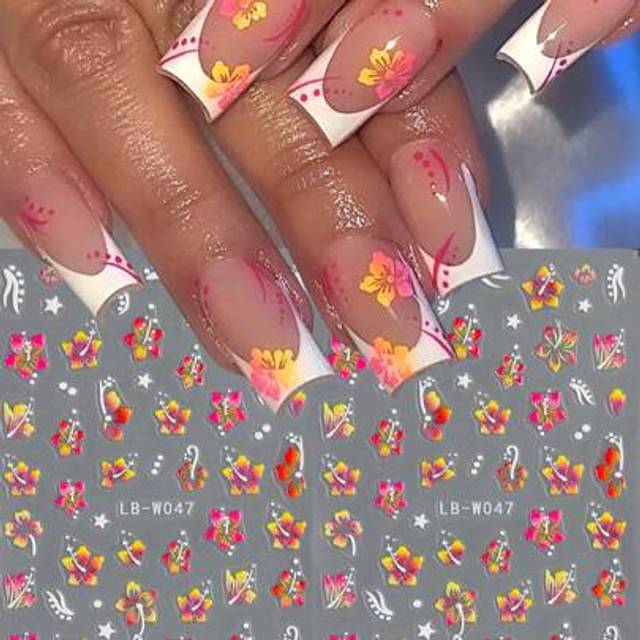 SHEIN 2 Packs Hibiscus Flower Spring Nail Stickers Hawaiian Flower Petals 3D Nail Art Patterns Y2K Cute Nail Art Decoration DIY Nail Art Stickers Nail Suppl