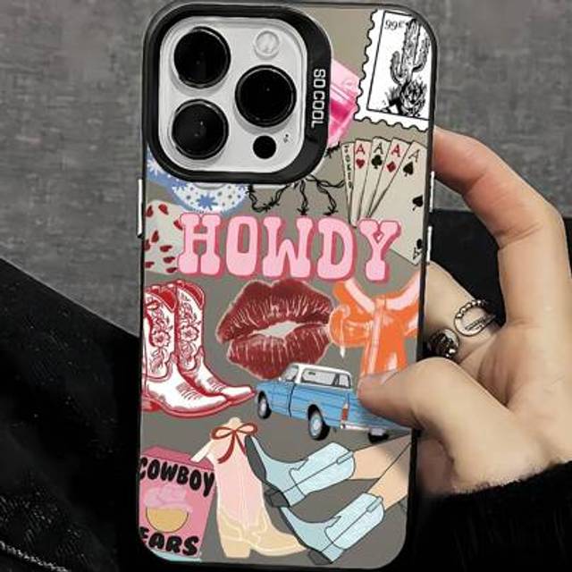 SHEIN 1pc Minimalist Slogan, Lips, Poker, Cowboy Boots Collage Pattern Black & Silver Tone Phone Case, Compatible With IPhone 16/16Pro/16Plus/16ProMax, IPho