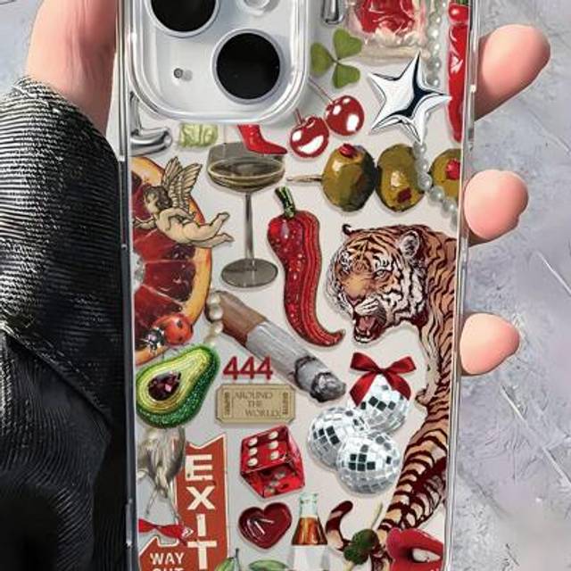 SHEIN 1pc Fashionable Tiger & Chili Pepper Pattern Full Coverage Transparent Anti-Fingerprint Soft TPU Phone Case Compatible With IPhone 16 ProMax/16/16 Pro