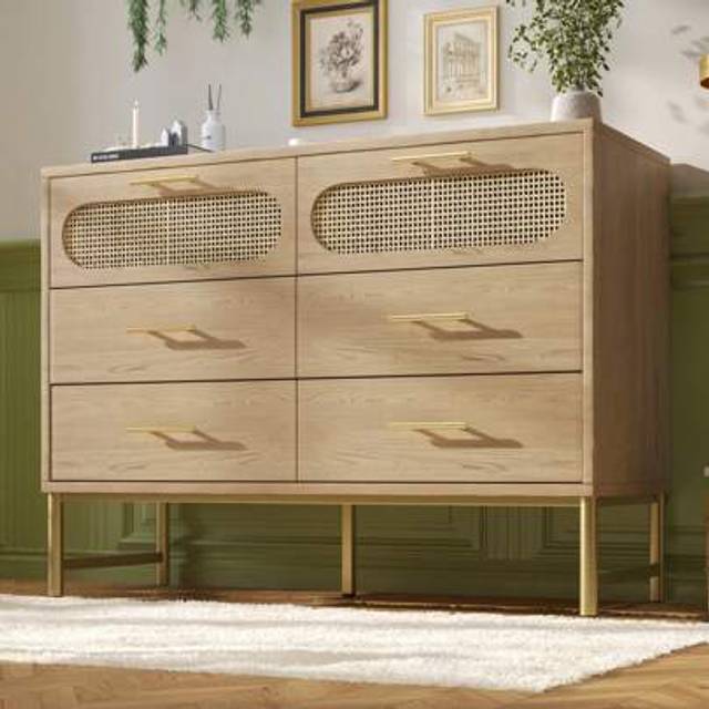 SHEIN Modern Rattan Sideboard, Multipurpose Cupboard, Buffet Cabinet Chest Of Drawers With 6 Drawers For Living Room, Hallway, Bedroom, Metal Handles, Anti-