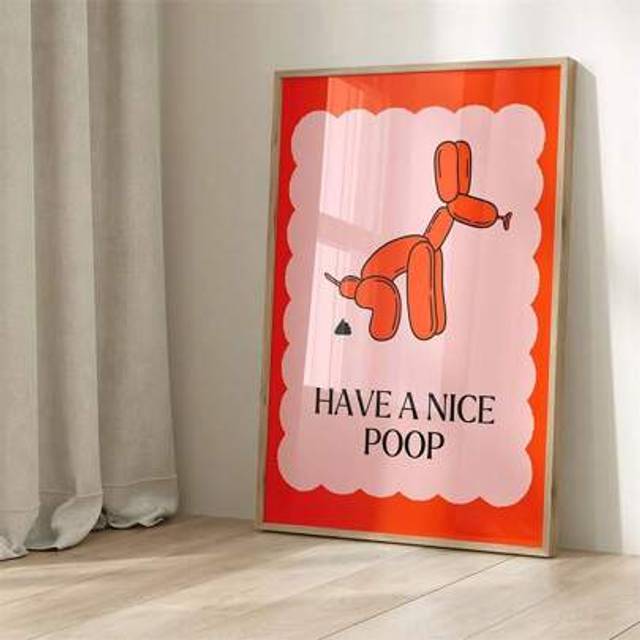 SHEIN 1pc Frameless Balloon Dog Bathroom Poster - Orange Pink Minimalist Wall Art With &#34;Have A Nice Poop&#34; Text, Cheeky Funky Girly Aesthetic Decorative Pain