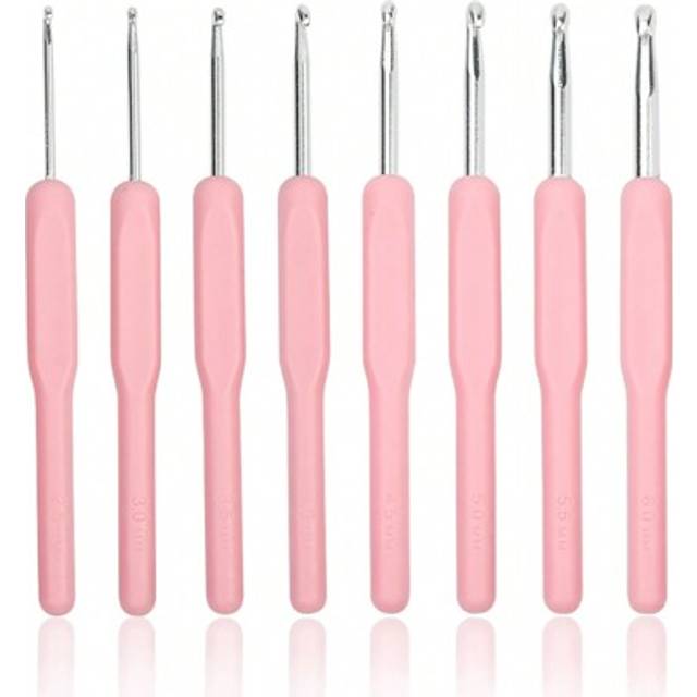 SHEIN 8 Pieces Set Of Pink Aluminum Crochet Hooks, Ergonomically Designed Plastic Handle Crochet Hooks, Perfect For Beginners And Hand Knitting Enthusiasts.